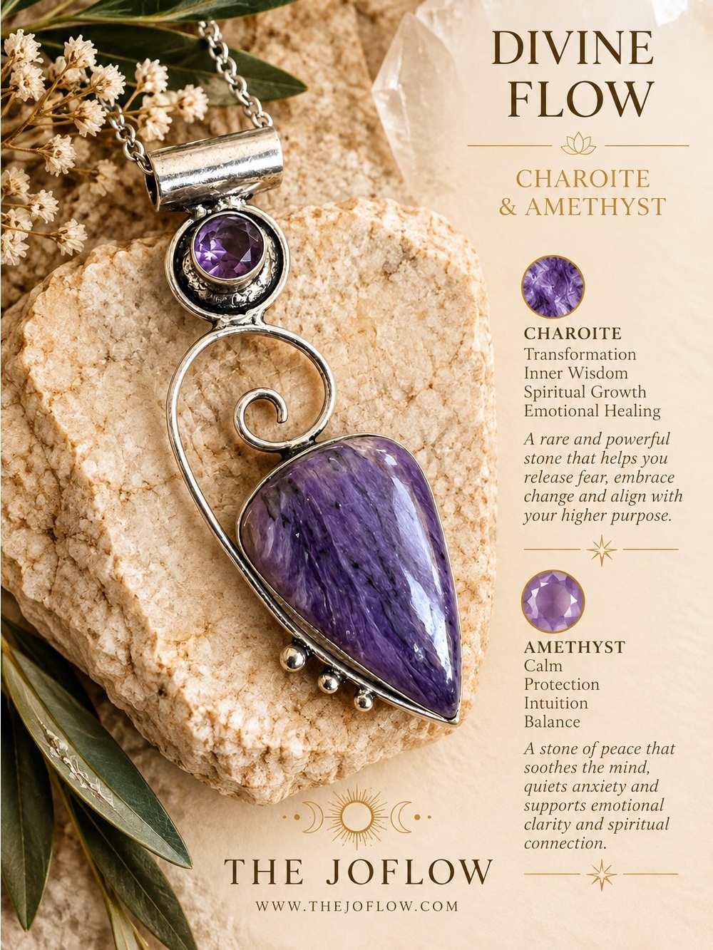 925 Divine Flow CHAROITE + Amethyst Pendant Necklace